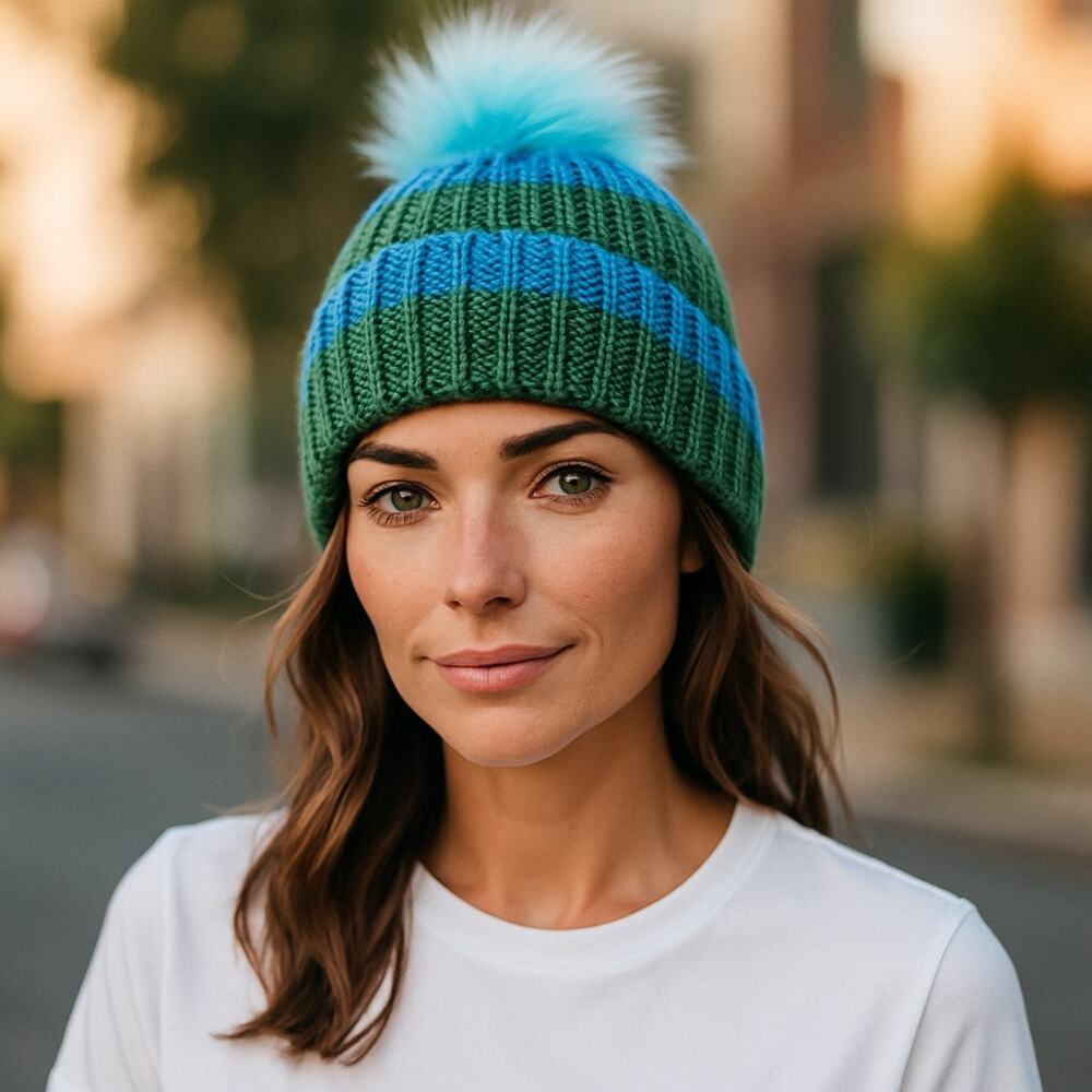 Hat Attack Happy Stripes Beanie Hat Blue Green Knit Faux Fur Pom-Pom OS Winter